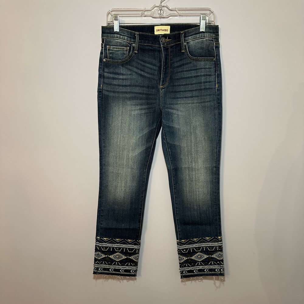 DRIFTWOOD Women's Navy Cropped Jeans with Embroidered Hem